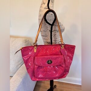 Coach Leah Op Art Pink Patent Leather Tote Shoulder Bag